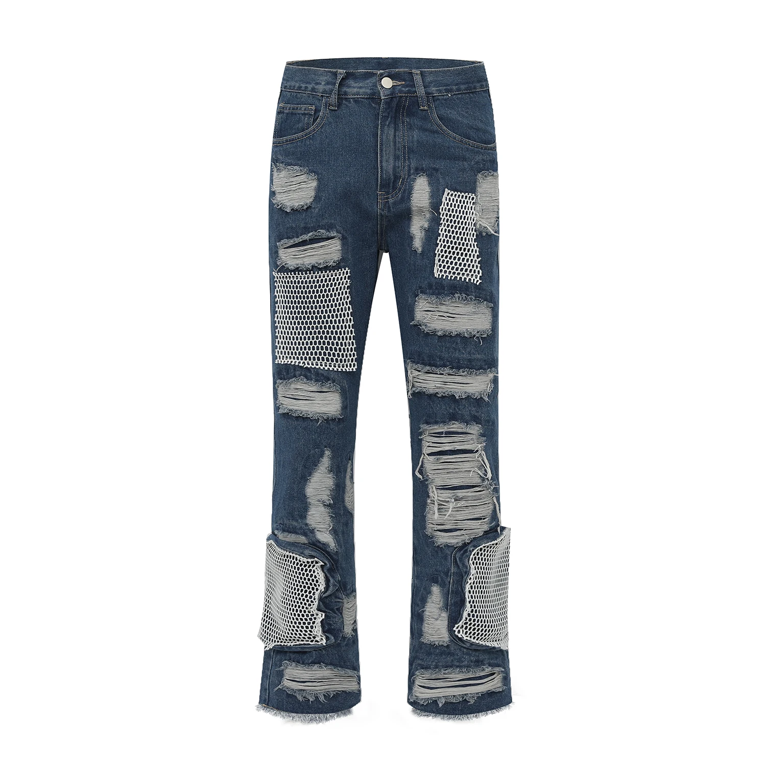 

Distressed Skinny Flared Micro Flare Jean for Mens Mesh Big Destroyed Ripped Denim Jeans Hip Hop Biker Jeans Pants Male