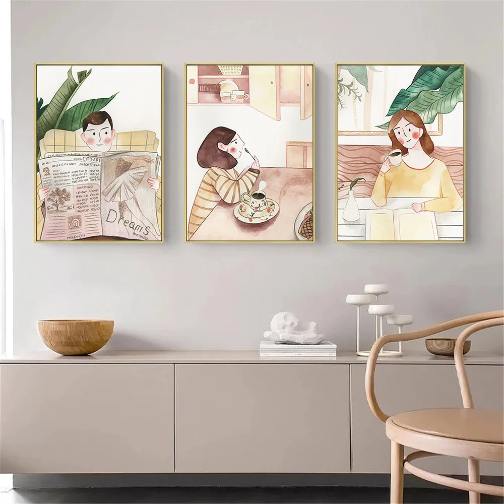 

Cooking Kitchen Wall Art Canvas Painting Man Woman Relaxation Poster Reading Newspaper Print Nordic Wall Pictures Home Decor