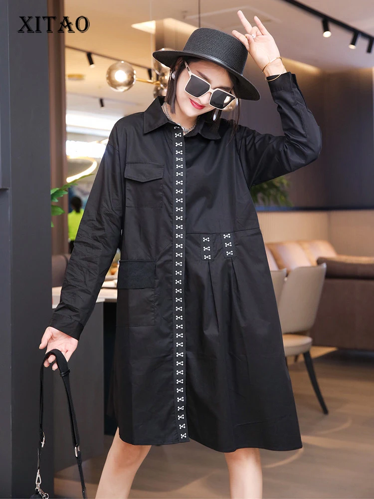

XITAO Solid Casual Dress Women Korea Autumn Personality Fashion Loose Turn-down Collar Full Sleeve Single Breasted Dress ZY7628