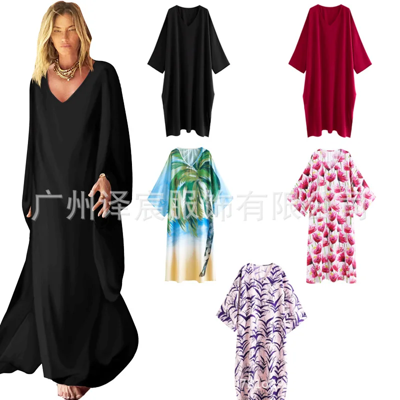 

2022 Indie Folk Kaftan Casual V-neck Half Sleeve Summer Maxi Dress Woman Clothing Beach Wear Swim Suit Cover Up