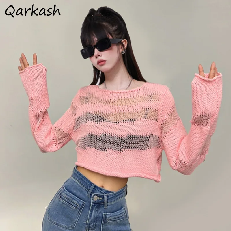

Hollow Out Crop Pullovers Women Leisure Breathable Cool BF Autumn Streetwear Pure Y2k Harajuku Thin Designed Ulzzang Personality