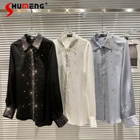 2022 spring summer new long sleeve lapel full of star rhinestone design cotton shirt solid color ladies blouse