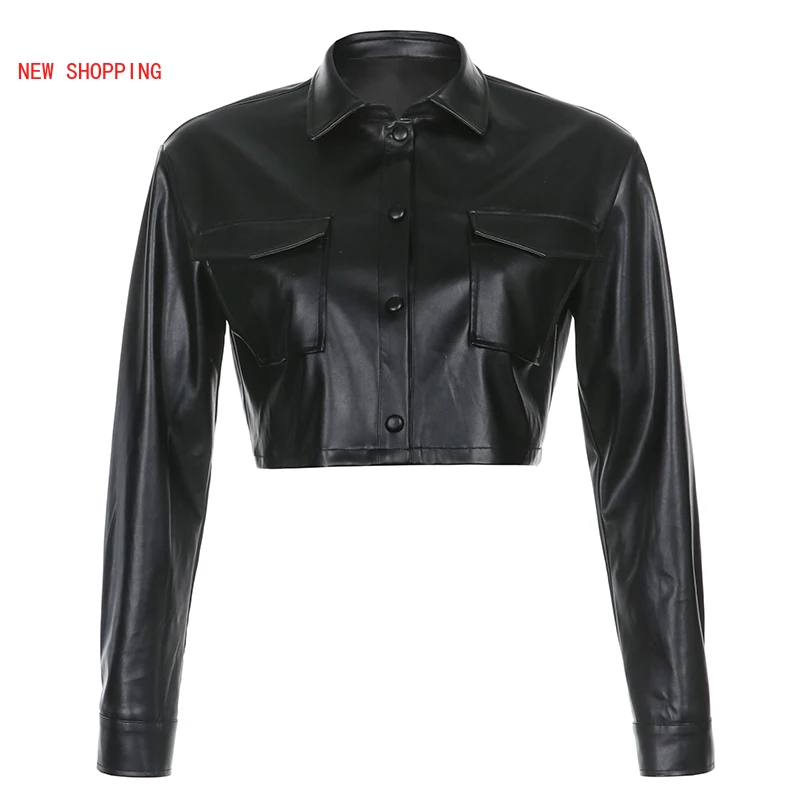 Fashion Leather Jacket Women Coat Long Sleeve Tops PU Cropped Jackets Coats Autumn Outerwear Vintage Black Pop Streetwear 2023