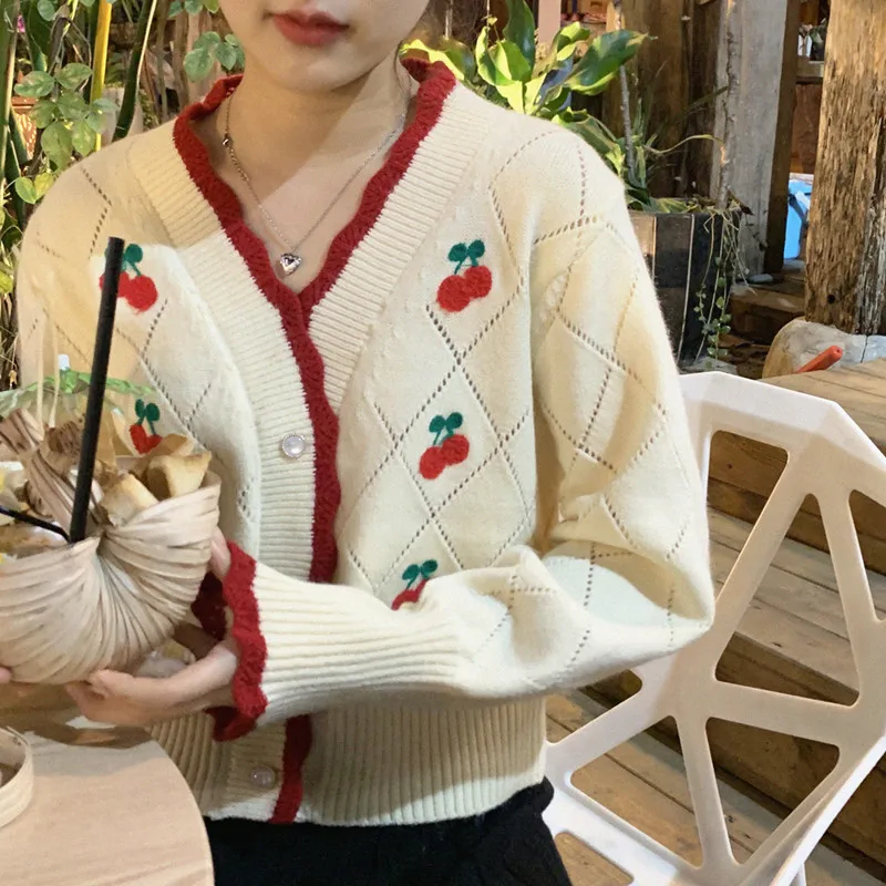 

Fall 2020 Women Clothing Cardigan Sweater Cherry Flower Sweater Loose Outer Wear Long Sleeve Knitted Women Cardigan Tops Coat