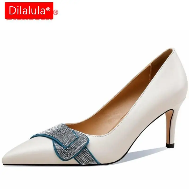 

Шикарные туфли-лодочки Dilalula с острым носком на тонком высоком каблуке из натуральной кожи женские элегантные свадебные туфли со стразами