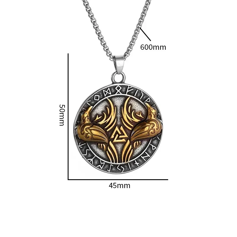 Retro Ethnic Style Nordic Viking Double Crow Triangle Rune Pendant Necklace Fashionable Men's Lucky Charm Jewelry