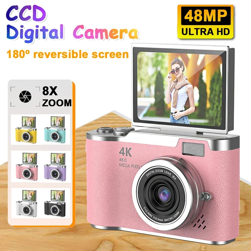 Фото Цифровая камера 4K CCD с 8-кратным цифровым зумом для студентов, компактная цифровая фотокамера 48 МП 180 ° Селфильная камера с откидным экраном 2025г. №1