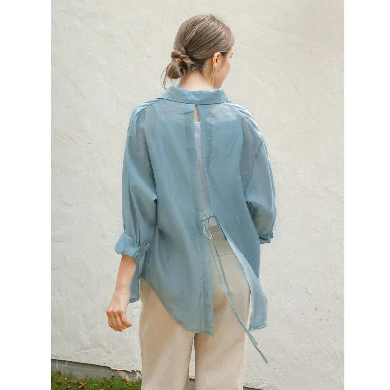 

Summer Back Lace Up Women Sunscreen Shirts Lapel Slightly Transparent Long Sleeve Loose Solid Color Cardigan Tops