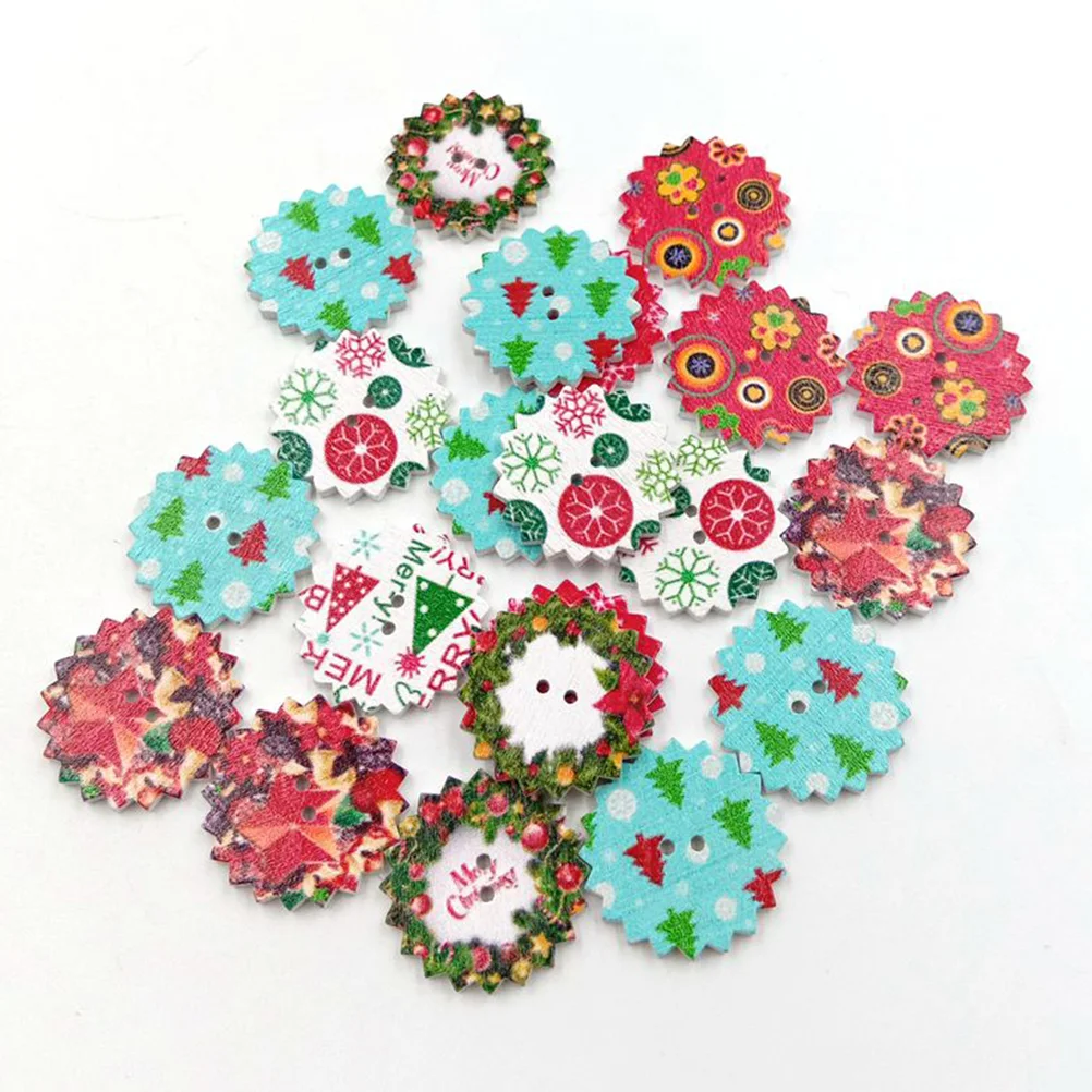 

Buttons Wood Christmas Button White Gear Shape Printed Mixed Color Wooden