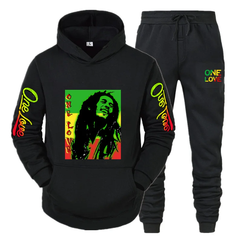 

Зимняя теплая черная флисовая толстовка Bob Marley в стиле Харадзюку, модный костюм с длинным рукавом и эластичными брюками, повседневная спорт...
