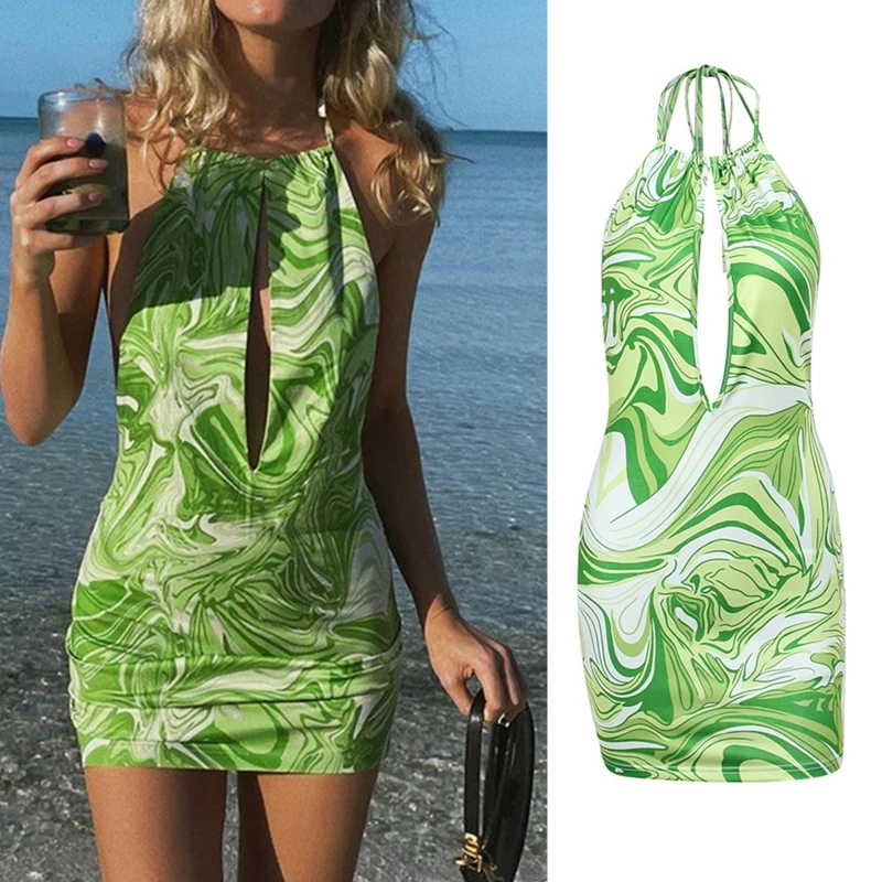 

Women Summer Drawstring Halterneck Mini Bodycon Dress Sexy Deep V-Neck Backless Striped Floral Print Beach Sundress