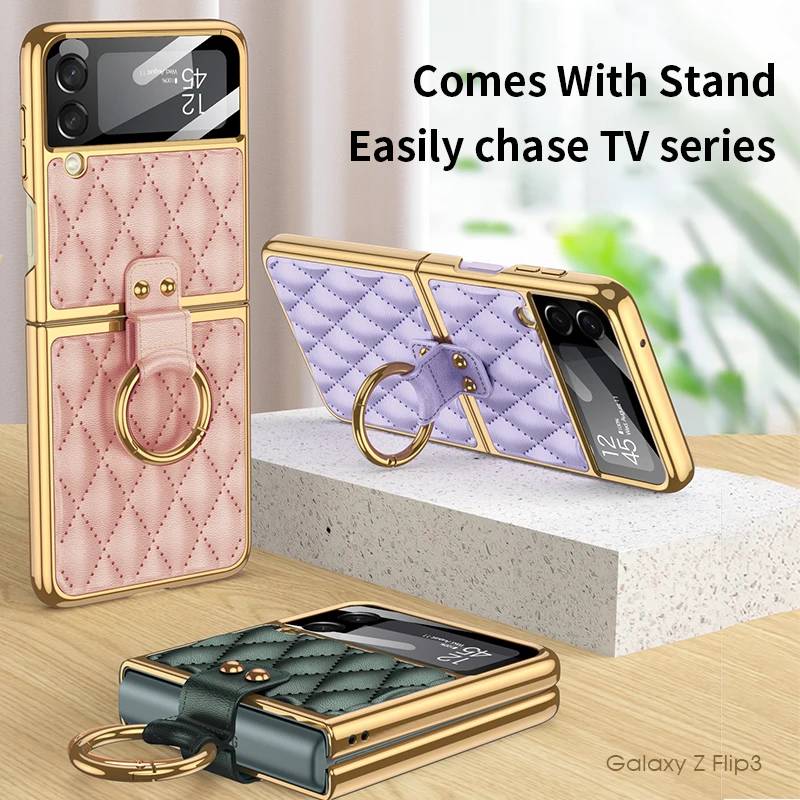 

Electroplating Lingge Plain Leather Shockproof Girl Phone Case For Samsung Galaxy Z Flip 3 Ring Bracket Cover Gift New Cases
