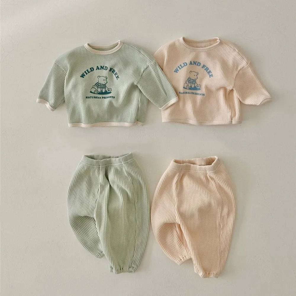 

Spring Autumn Kids Clothes Set Boy Girl Baby Waffle Cartoon Long Sleeve Tops+Solid Pants 2pcs Children Letter Print T-shirt Suit