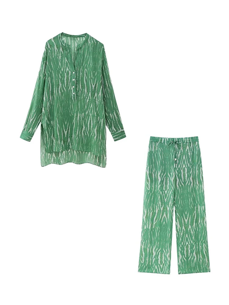 

TRAF Women Print Blouse Pants Sets New Summer Chic Female Casual Single Breasted Long Sleeve Asymmetrical Tops+Drawstring Pants