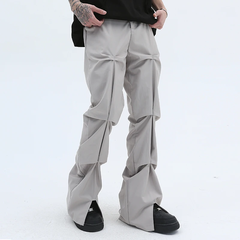 

Harajuku Streetwear Pleated Straight Casual Track Pants Mens Pockets Ruched Retro Vibe Style Loose Trousers Oversize
