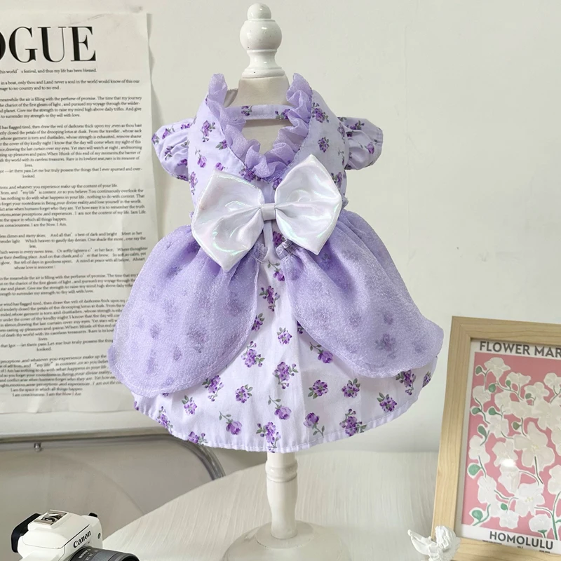 Spring Summer Purple French Romantic Lavender Print Princess Dress For Small Medium Dogs Lovely Pet Dog Clothes Casual Outerwear