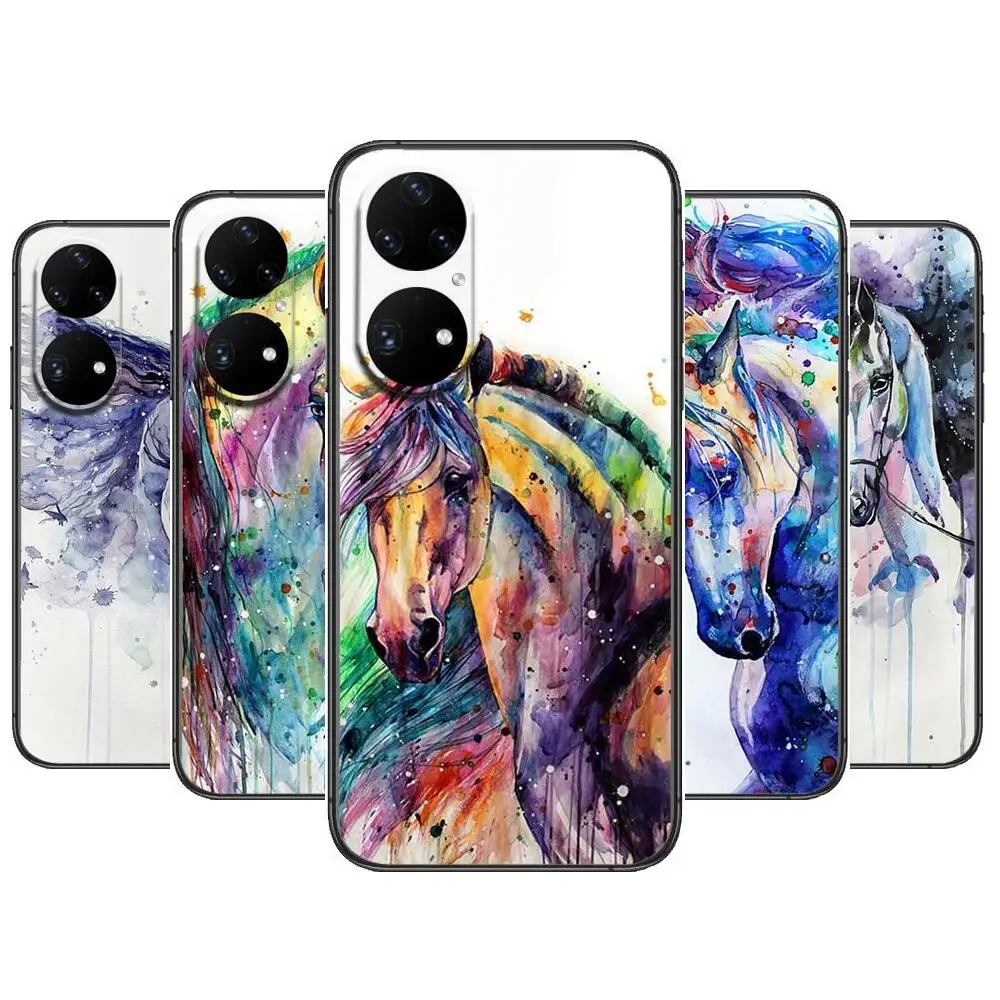 

Oil Painting Cute Horse Phone Case For Huawei p50 P40 p30 P20 10 9 8 Lite E Pro Plus Black Etui Coque Painting Hoesjes comic fas