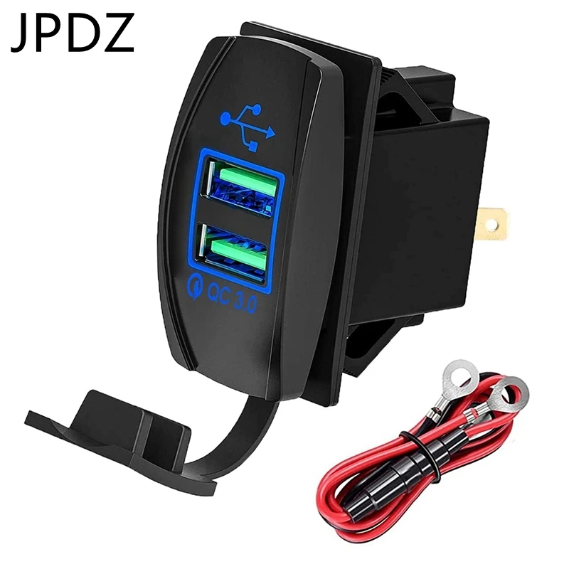 

Universal Rocker Style 12-24V Quick Charge QC 3.0 USB Charger for UTV ATV SXS Boat Car Motorcycle, with Blue LED Backlit