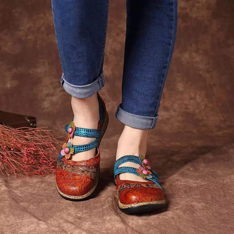 

GAOKE Vintage Floral Genuine Leather Splicing Colored Stitching Hook Loop Flat Shoes Spring Summer Casual Women Flat Shoes New