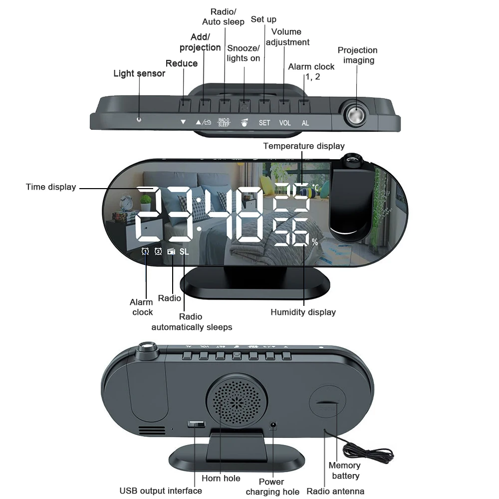 Проекционный светодиодный цифровой смарт-будильник на 180 ° часы с USB зарядкой