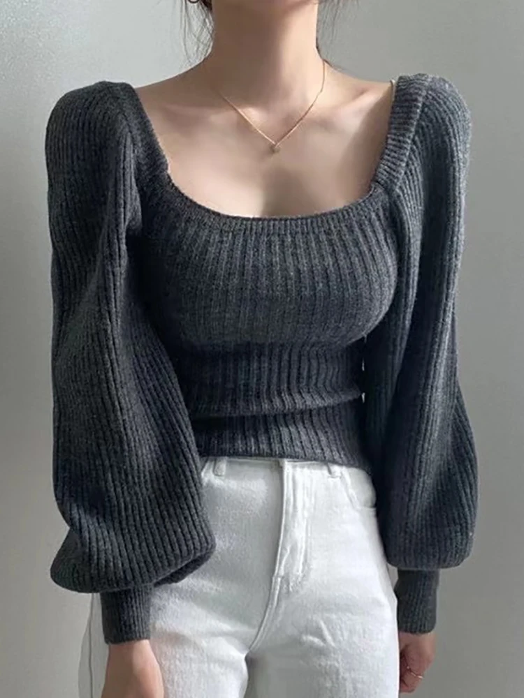 

Vintage Clothes Puff Sleeve Women Sweater Autumn Knitted Pullover Square Collar Female Jumpers Elastic Winter Womens Sweaters