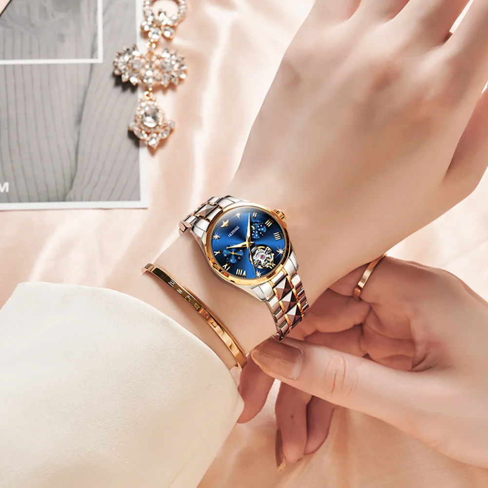 OUPINKE Luxury Watches for Women Automatic Mechanical Sapphire Waterproof Hollow Top Brand Watch Girls Ladies Bracelet Gift Set