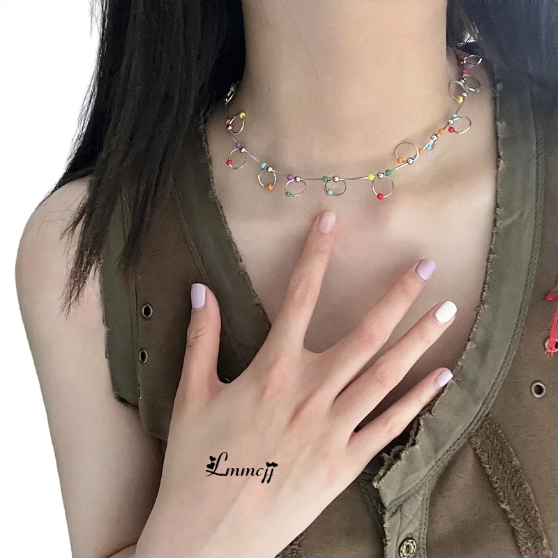 

Lmmcjj Creative Colorful Beaded Fun Ring Necklace For Women Fashion Jewelry Accessories INS Korean Style Clavicle Chain 2022