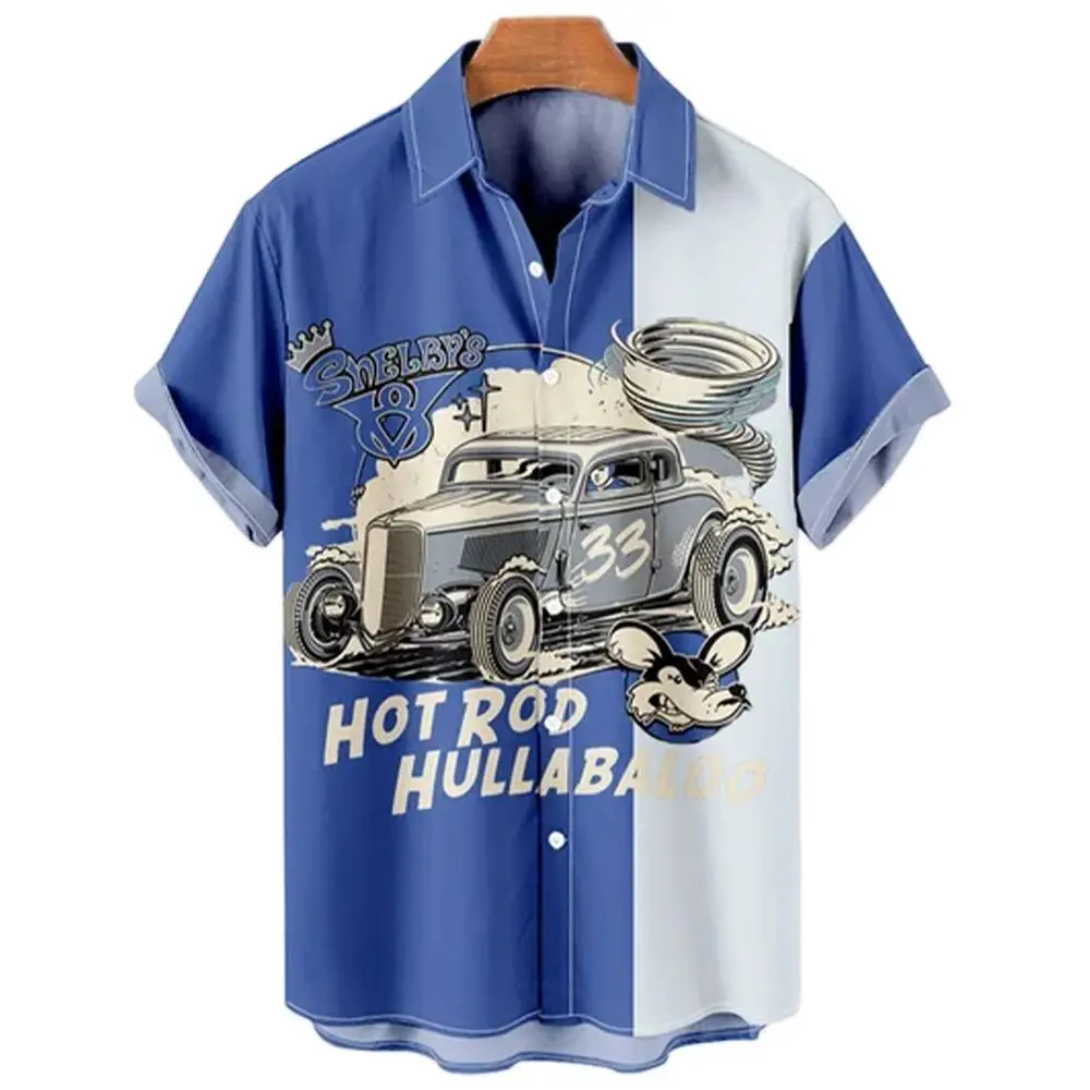 Men's Beach Hawaiian Shirt Ahloa Short Sleeve Car Print Lapel Shirt Top Harajuku Social Oversized Clothes