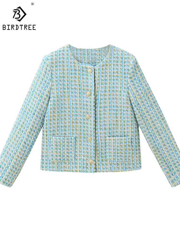 

Birdtree/15.1% шерстяное пальто из овечьей шерсти; Сезон осень; Новинка 2023 года; Светильник; Роскошная смесь; Из ткани твидовый; Тонкий женский короткие куртки с круглым вырезом; C39366QD