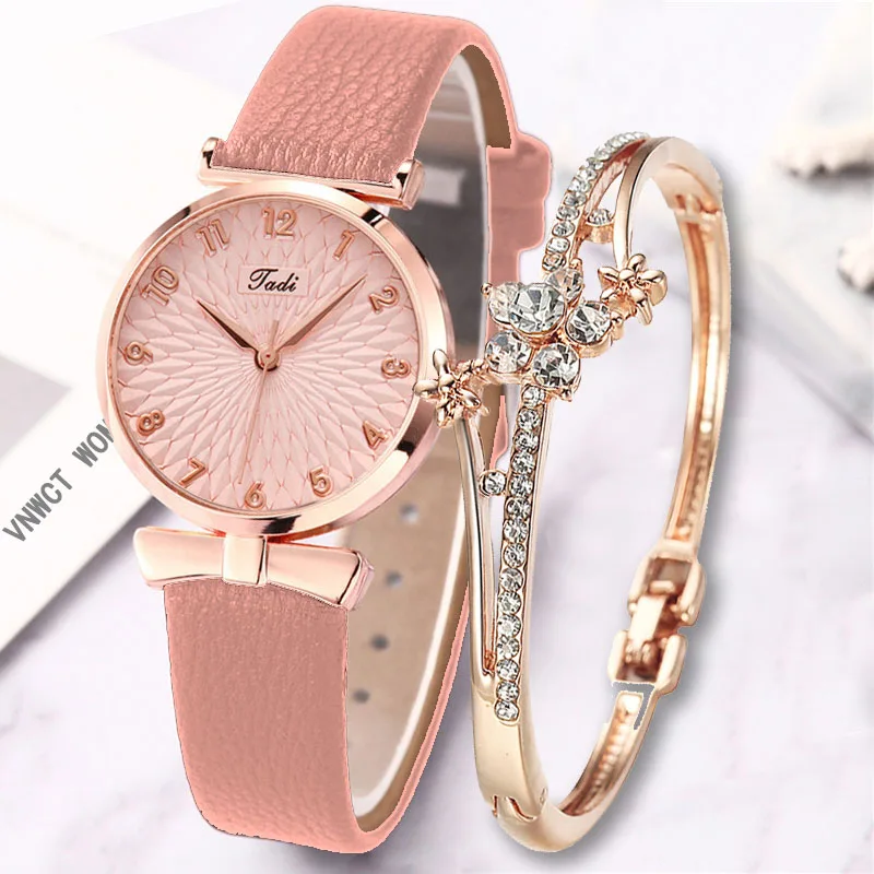 

Часы-браслет женские кварцевые с кожаным ремешком, Модный повседневный подарок с цветами, комплект из 2 предметов