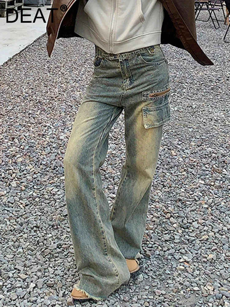 

Женские джинсы в стиле пэчворк DEAT, винтажные брюки из денима на молнии с высокой талией и карманами, модель 7AB2306 на осень, 2023