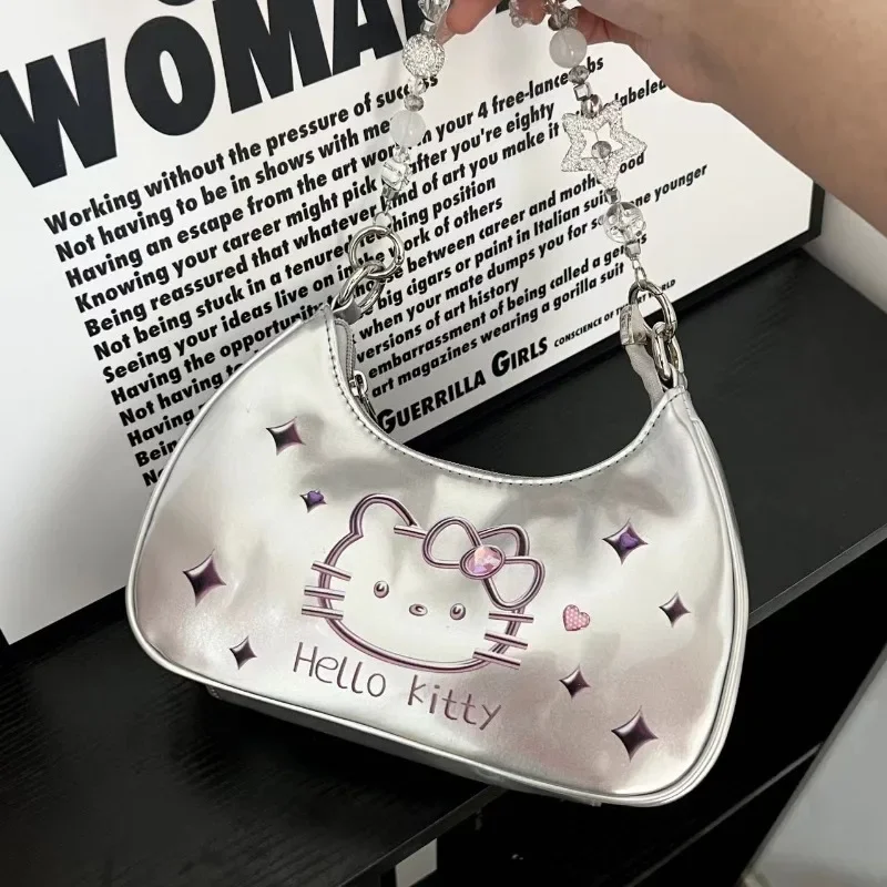 Сумка Hello Kitty новинка 2024 серебряная модная сумка ручной работы с мультяшным