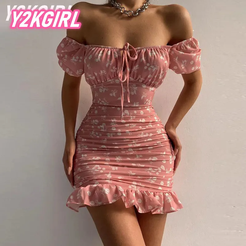 

Y2KGIRL Elegant Sexy Women's Dress Backless Slash Neck Slim Dresses Fashion Casual Sweet Frill Female Clothing Summer Party Wear