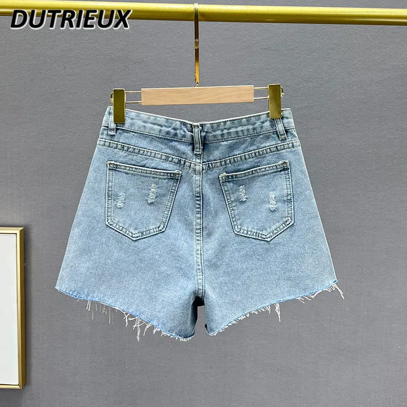 Women's Denim Shorts Fashionable 2023 New High Waist Slimming Diamond-Embedded Ripped Shorts Wide Leg Pants Fashion Hot Pants