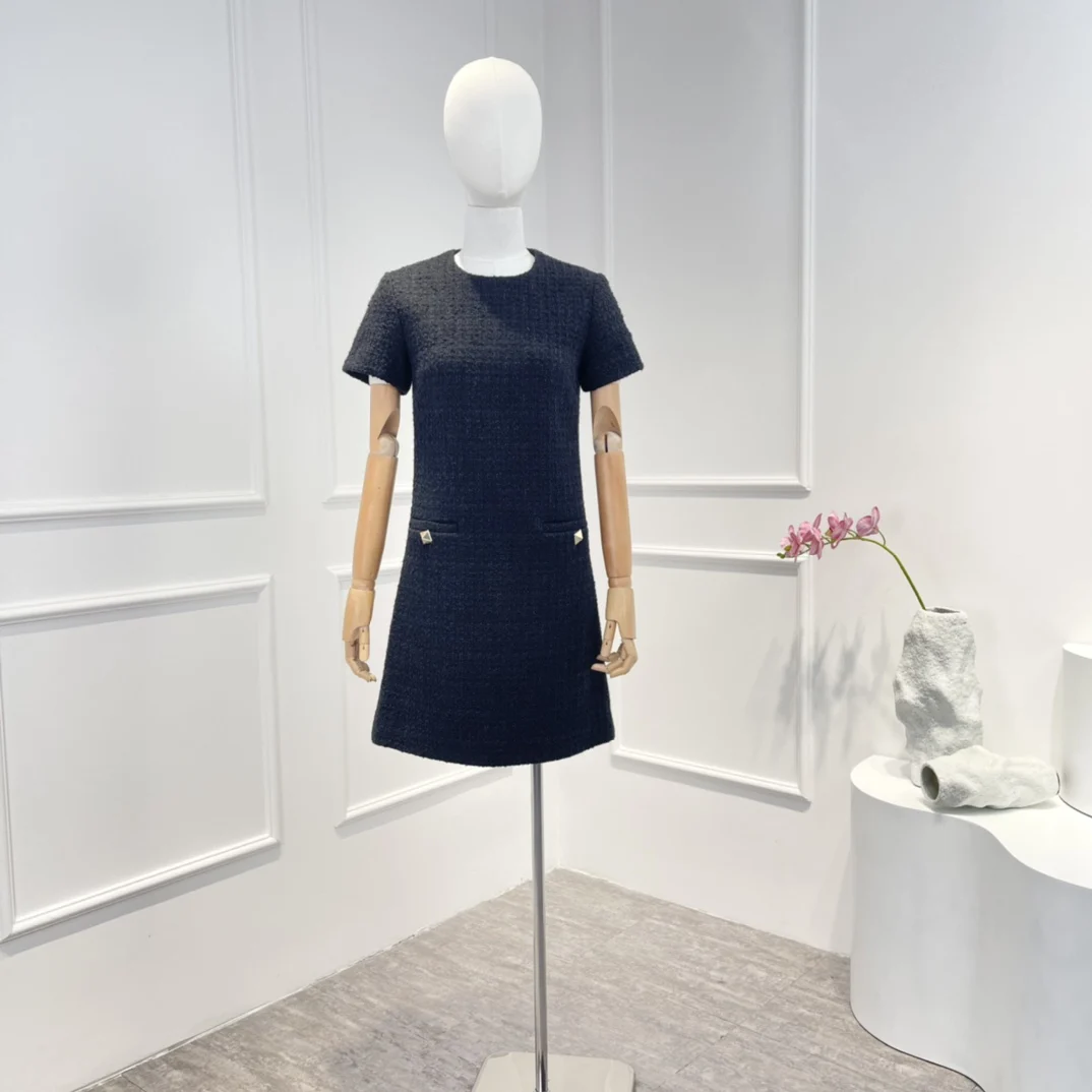 

2022 Autumn High Quality Luxury Black Tweed Straight Elegant A-line Short Sleeve Mini Dresses Women