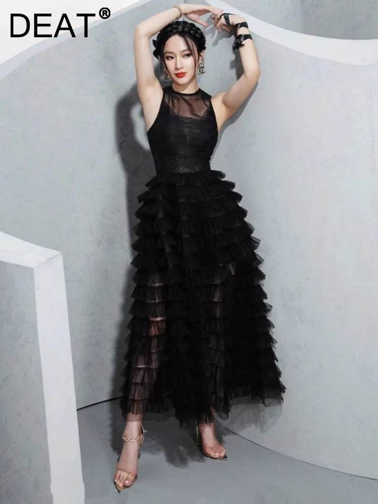 

Женское платье с круглым вырезом DEAT, Сетчатое Прозрачное платье в стиле пэчворк с высокой талией и рукавами, 13DB2148, лето 2023