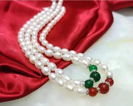 

noble jewelry 8 10mm red green black jade 8-9MM Meter shape natural freshwater pearl necklace DIY women hot sale jewelry 45cm