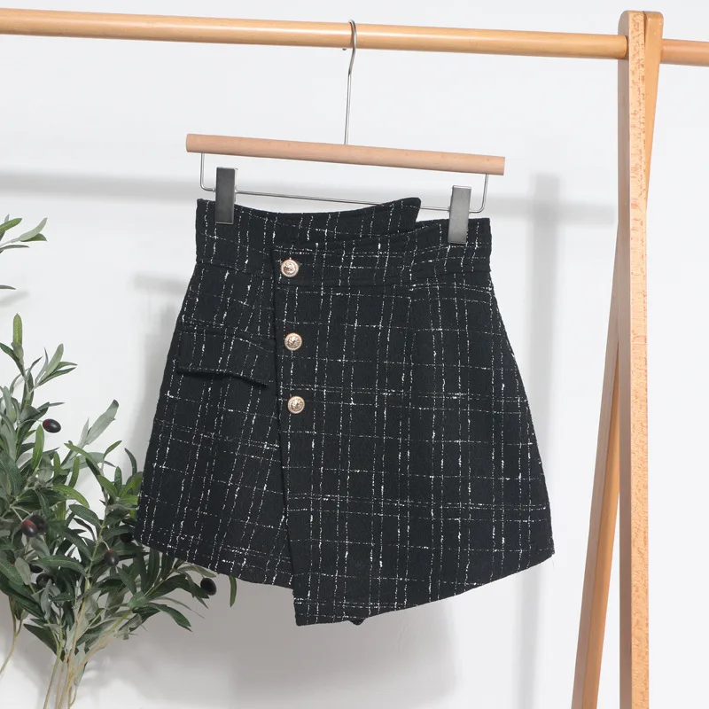 Women's Irregular High Waist Shorts Skirt New Vintage Plaid A Line Casual Office Lady French Sweet Shorts Tweed Female summer