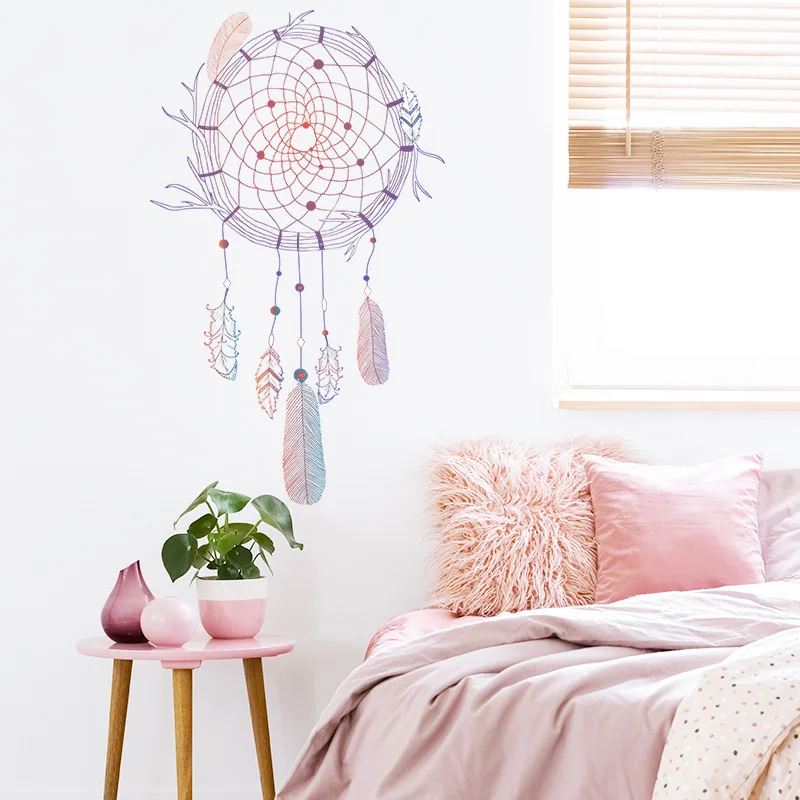 

New Fresh Literary Dream Catcher Stickers Colorful Feathers Girl Kids Room Bedroom Bedside Home Wall Decoration Wall Stickers