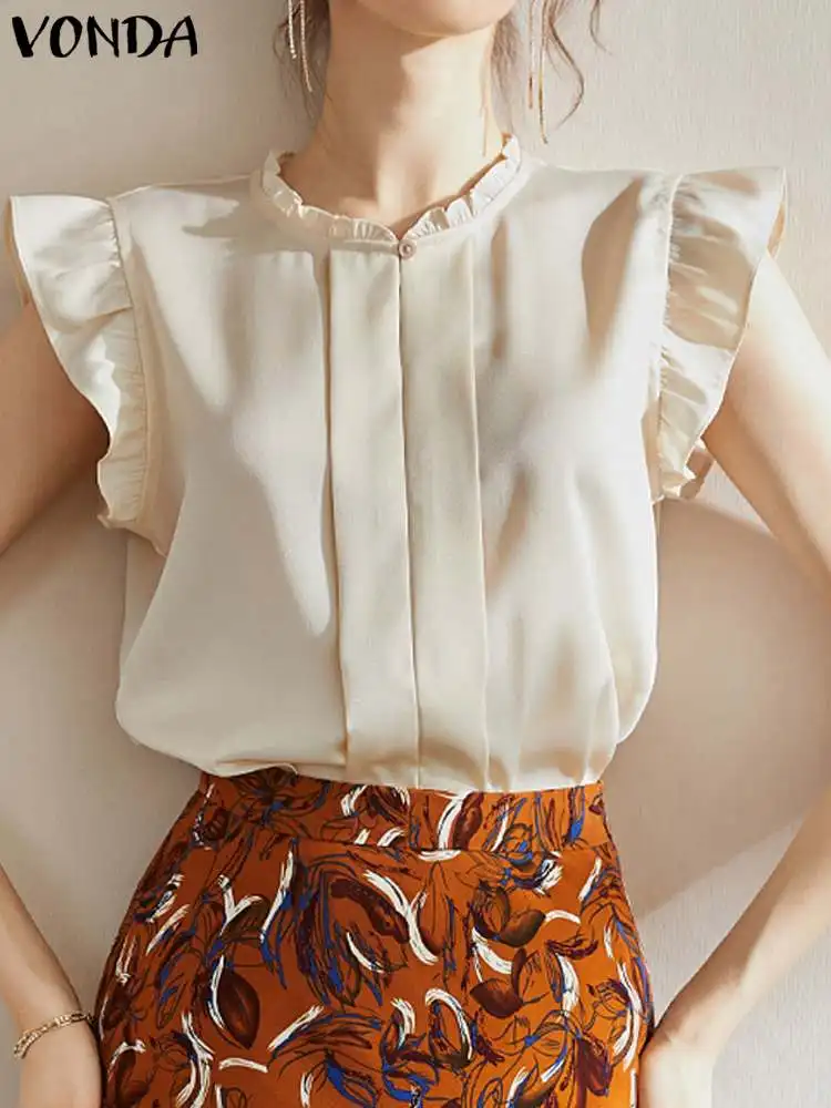 

2023 VONDA Summer Blouse Elegant Women Fashion Short Sleeve Ruffled Shirts Sexy Round Neck Casual Solid Tunic Tops Blusas Femme