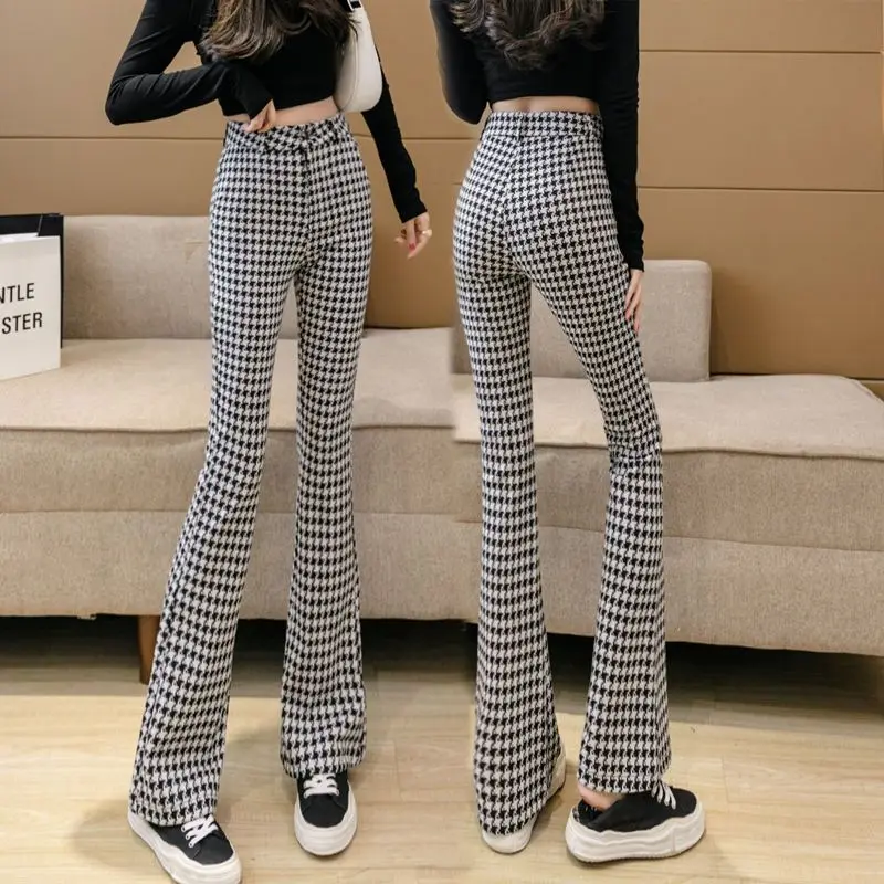 

2023 Autumn And Winter New Houndstooth Classic High-waisted Wide-leg Flared Pants Casual Temperament Suit Trousers Women A261