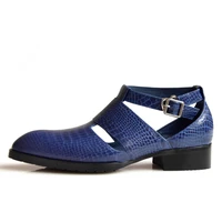 noble blue leisure mens serpentine sandals genuine leather roman buckle strap close toe low heels businessman summer shoes