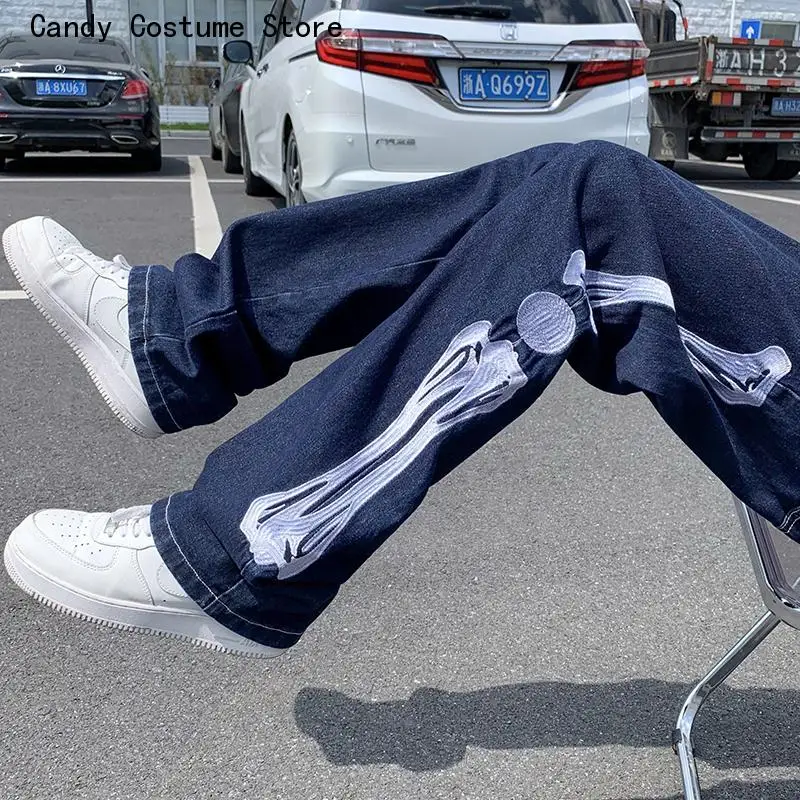 Male Vintage Blue Denim Pants Jeans Men Skeleton Baggy Casual Jean Pants Mens Japan Style Streetwear Wide Leg Denim Trousers