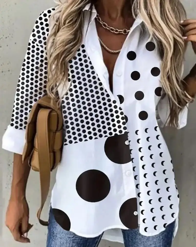 

Women Shirt Casual Polka Dot Moon Print Buttoned Shirt Graphic Button Three Quarters T Shirt Female Tops New Clothes 2022 Summer