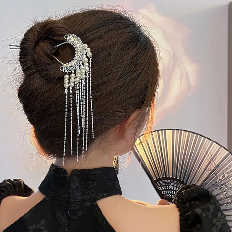 

Fashion Metal Chinese Style Hair Stick Flower grace Hair Chopsticks Hairpin Long Tassel Pearl Hair Clip HAIR ACCESSORI FOR WOMAN