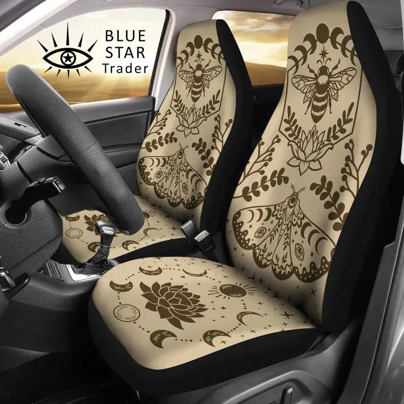 

Tan Brown Boho Bee Moth Lotus Car Seat Covers Set of 2, universal seat covers, Car Seat Protector, car seat upholstery, boho car