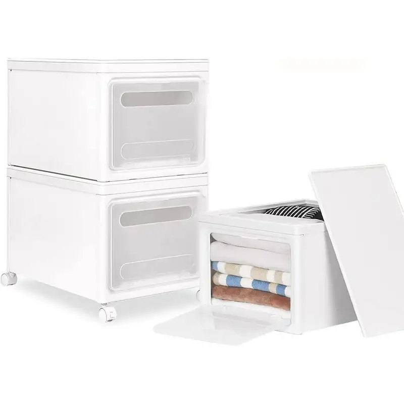 

Storage Bins with Lids,Compact Stacking Large Plastic Organization , Shoe Clothe Toy Boxes, White,4-Pack