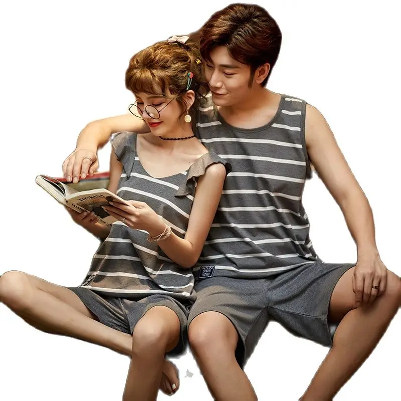 Летние вязаные хлопковые жилет для пары пижамный комплект свободная мягкая