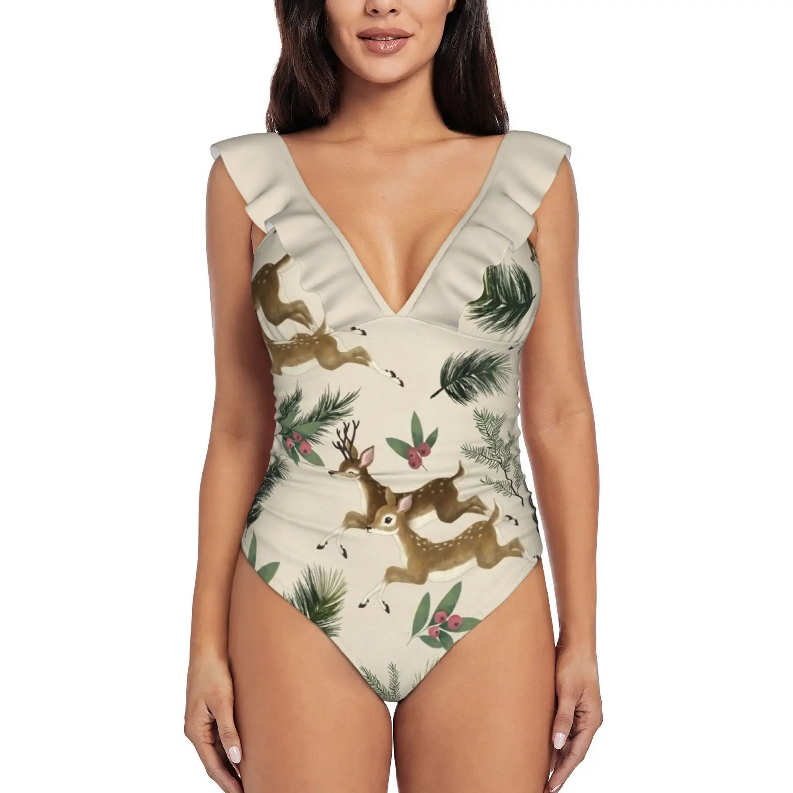 

Новый Зимний купальник с принтом оленя/повтор узора, купальник с глубоким V-образным вырезом и оборками, Цельный купальник, пляжная одежда, м...