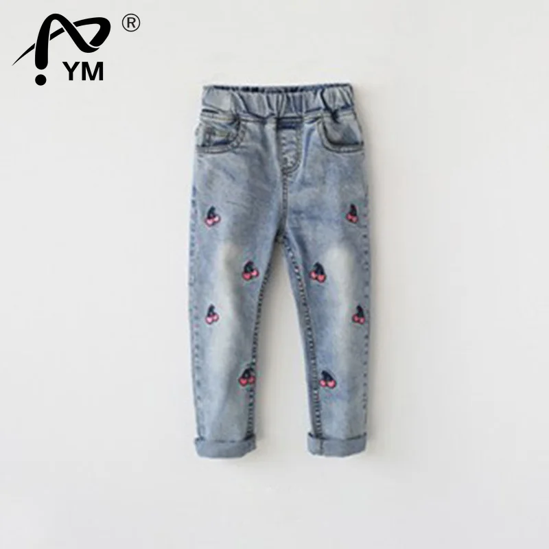 

New Girls Autumn Winter Cherry Printed Denim Pants Kids Jeans Kids Trousers for Teenagers Ripped Jeans 3-12Years